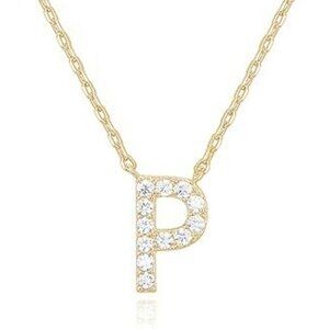 14K Yellow Gold Initial Necklace Letter Dainty Diamond Gift Present P - Z